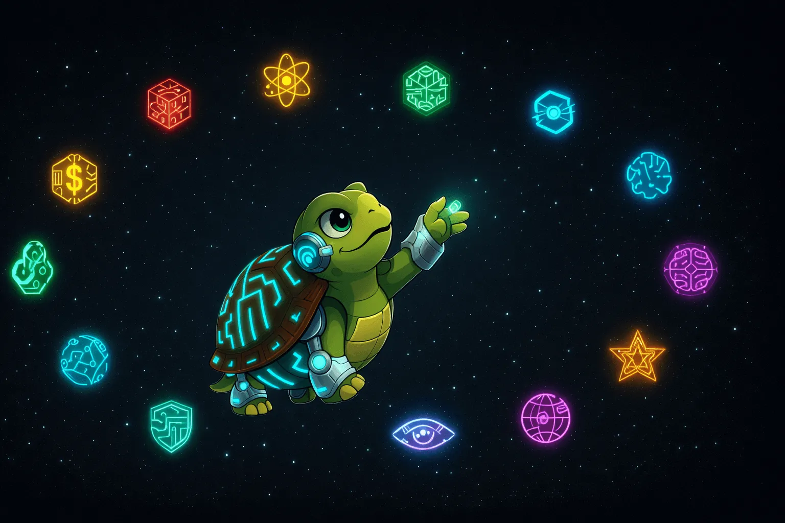 Cyber-turtle overlooking a futuristic city