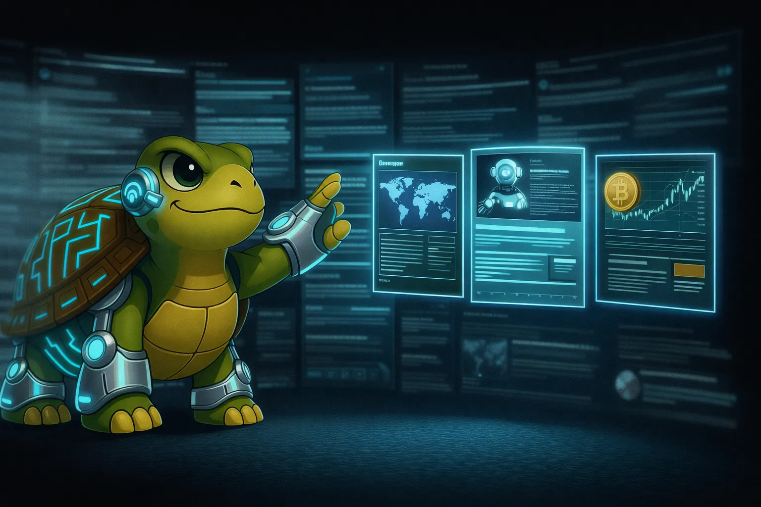 Cybernetic turtle interacts with holograms