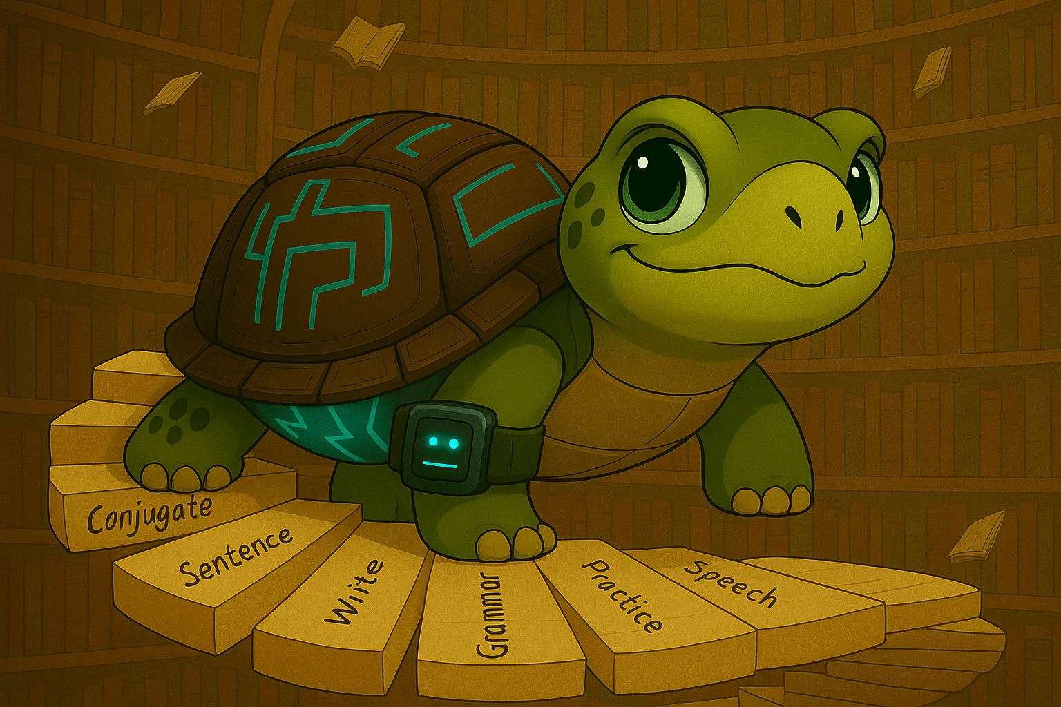 Turtleand climbing up the stairs of language learning