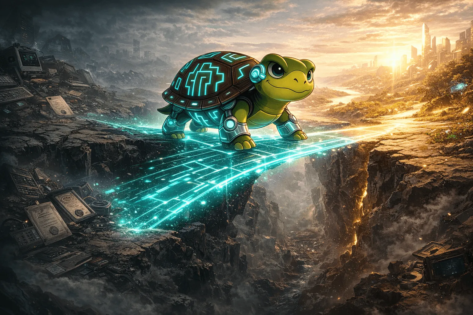 Turtleand standing on rocky outcrop with obsolete tech debris below and a glowing cyan compass inside his chest, gazing at the horizon