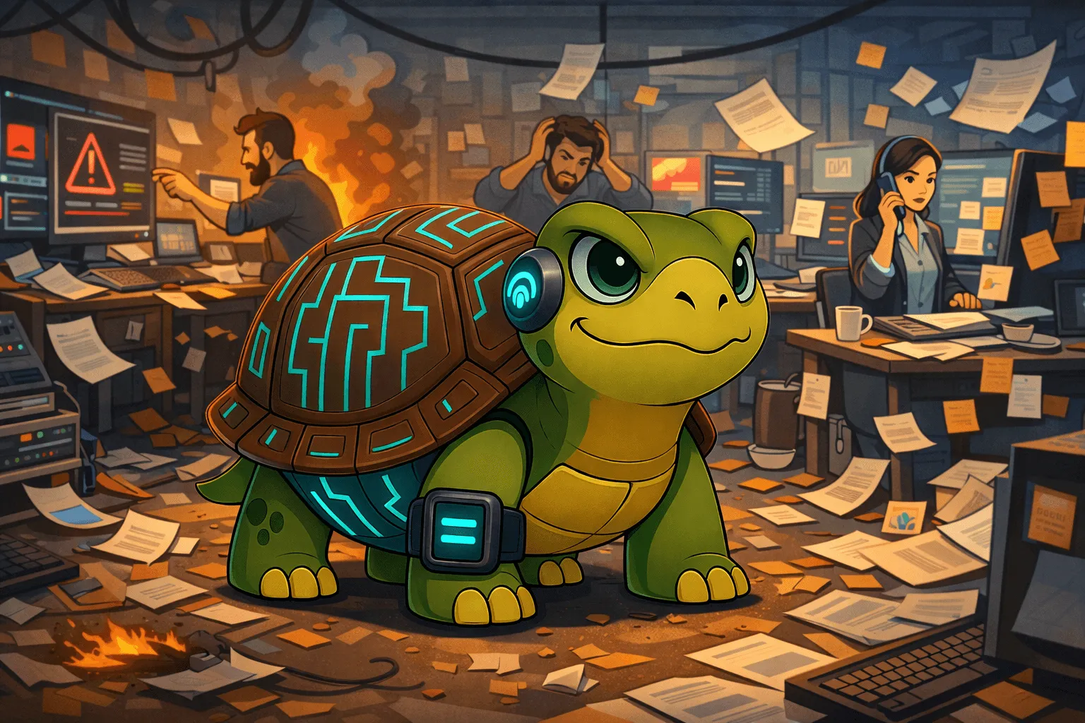 Turtleand Avatar looking at a foggy landscape