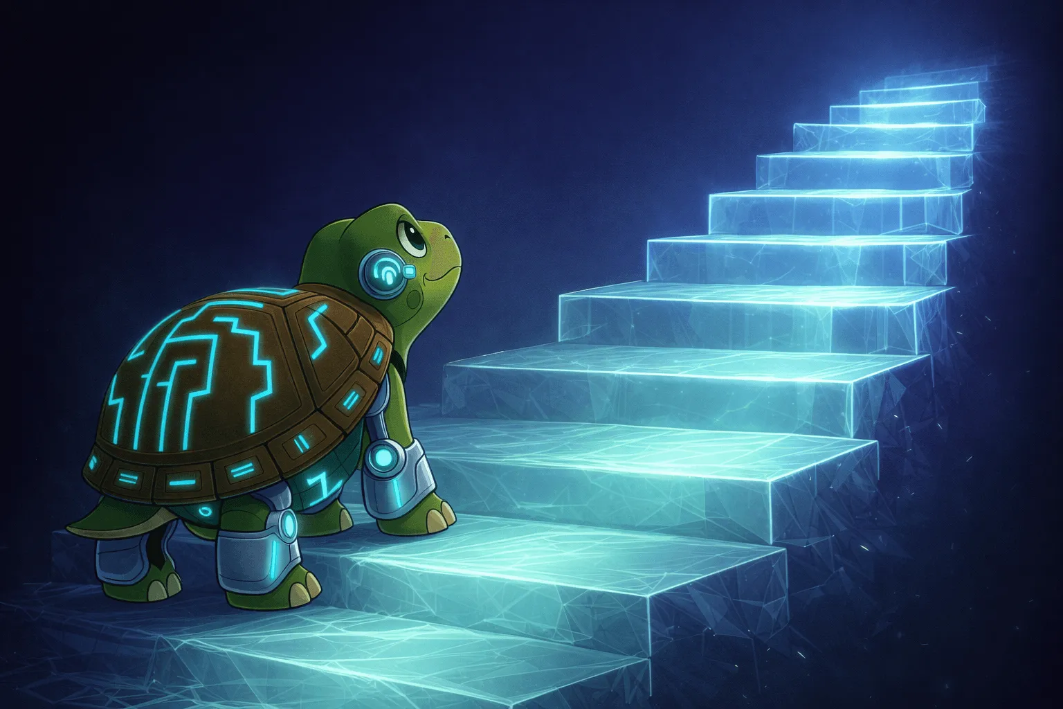 Cybernetic turtle on glowing staircase
