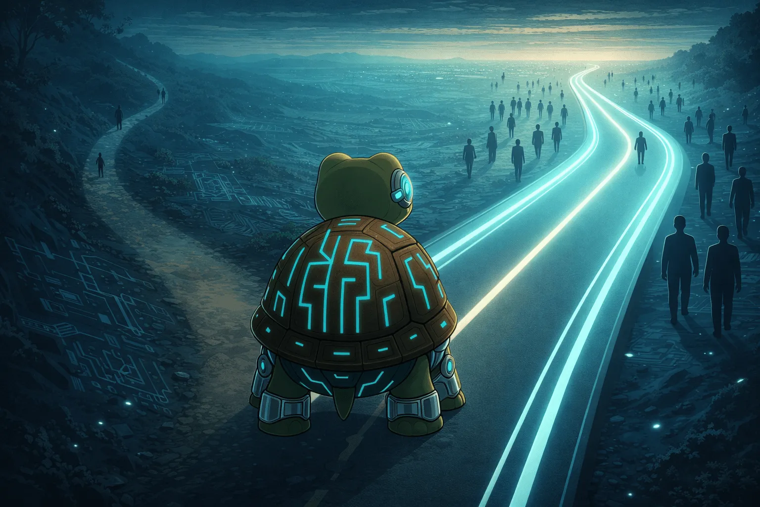 Cybernetic turtle at the crossroads