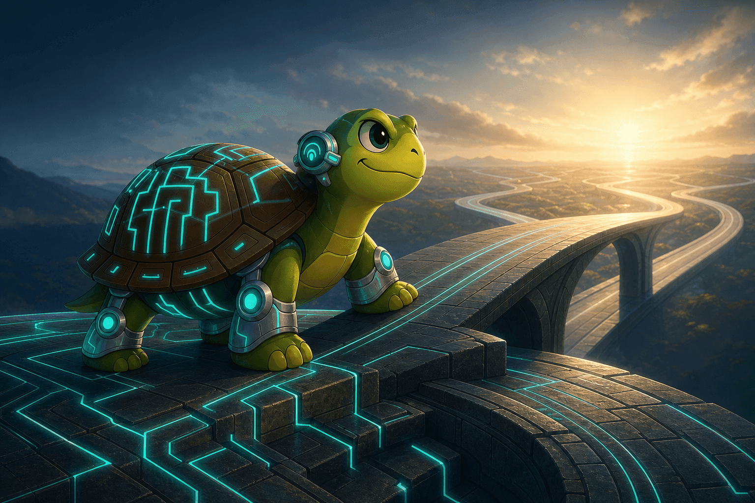 Turtleand moving from a glowing engineering foundation toward a wider system horizon